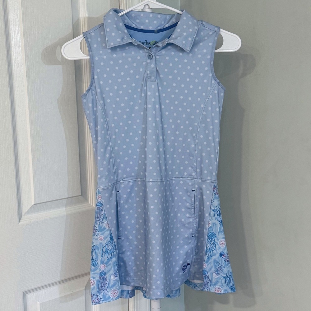 Turtles and Tees Girls Blue Polka Dot Jellyfish Sleeveless Golf Dress Size S
